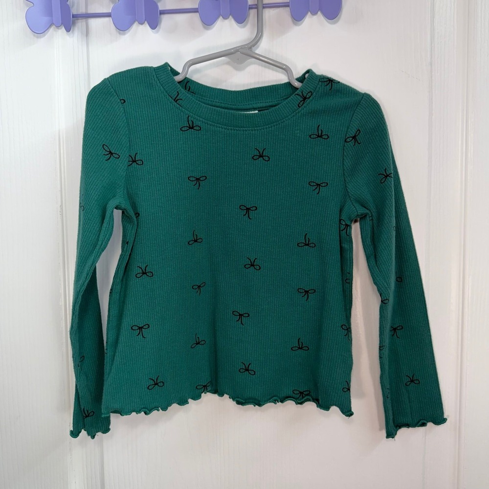 Cat & Jack green bow print ribbed long sleeve cotton‎ stretch casual tshirt 4T